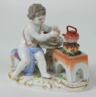 Meissen German H/P Porcelain Seated Putti Figurine