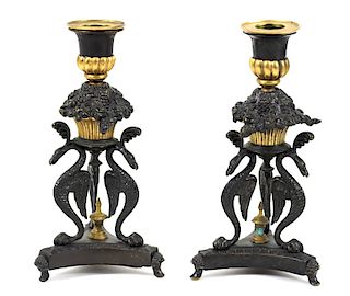 Pair of French Bronze Phoenix Candle Stick Holders