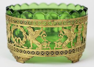 French Vaseline Glass Brass Mounted Center Bowl