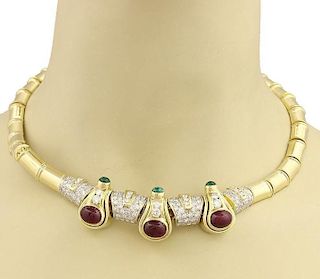 Estate Diamond Ruby & Emerald 18k Gold Necklace