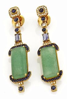 Vintage Diamond, Sapphire, Jade 18k Gold Earrings