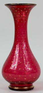 Ruby Gilt Enameled Moser Style Glass Vase