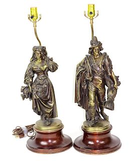 After Alfred-Jean Halou Bronze Figural Table Lamps