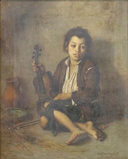 VALENTINY, Janos. Oil on Canvas. Boy with Violin.