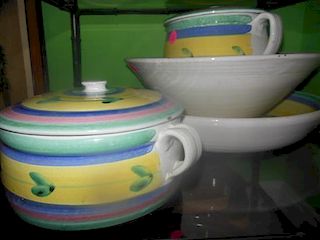 Three Painted Ceramic Articles, Diameter of bowl 16 1/4 inches.