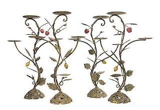 A Set of Four Painted Metal Three-Light Candelabra, Height 20 3/4 inches.