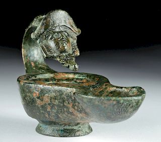 Roman Bronze Oil Lamp w/ Masked Face