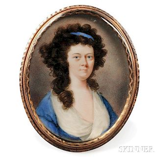 Attributed to John Ramage (act. Ireland, United States, and Canada, 1748-1802)      Portrait of a Curly-haired Woman in Blue.