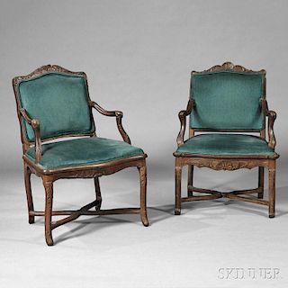 Two Upholstered Shell-carved Birch Open Armchairs
