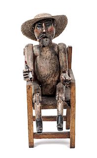 Carved Wood Seated Folk Art Figure Height 14 x width 5 x depth 5 1/4 inches