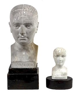 Two Phrenology Plaster Heads Height of larger overall 15 1/4 inches
