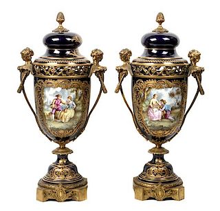 Pair of Sevres Style Gilt Bronze Mounted Porcelain Urns Height 22 inches