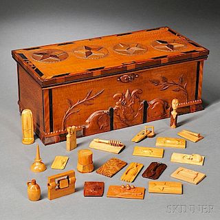Carved and Inlaid Box with Approximately 197 Carved Wood Samples