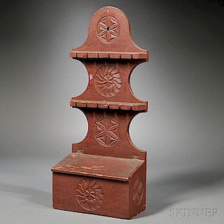 Red-painted and Carved Spoon Rack and Salt Box