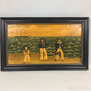 Framed Oil on Canvas Folk Scene of Sailors on a Beach