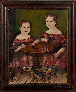 American School, 19th Century      Portrait of Two Children Playing at a Table with their Pet Pugs.