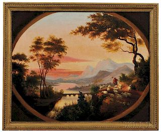American School, 19th Century      River Sunset Landscape with Shepherd and Flock.