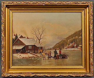 American School, Early 20th Century      Winter Homestead Landscape, possibly Watkins Glen, New York.