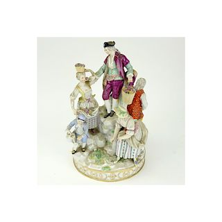19th Century Meissen Hand Painted Porcelain Figural Group. Blue crossed sword mark to base. Some lo
