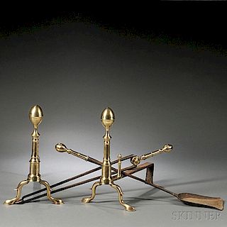 Brass and Iron Ringed Lemon-top Andirons with Two Matching Tools