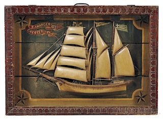 Carved and Painted Shadow Box Diorama of a Sailing Vessel