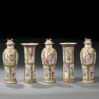 Five-piece Chinese Export Porcelain Rose Medallion Garniture Set