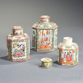 Three Chinese Export Porcelain Rose Medallion Covered Tea Caddies