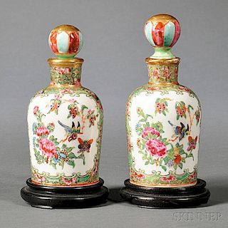 Near Pair of Chinese Export Porcelain Rose Medallion Perfume Bottles and Stoppers