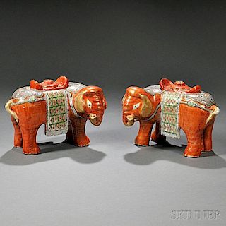 Pair of Chinese Export Porcelain Rose Medallion Elephant-form Incense Burners