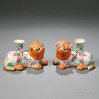 Pair of Rose Medallion Chinese Export Porcelain Dog-form Incense Burners