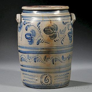 Six-gallon Cobalt Blue Decorated Stoneware Crock