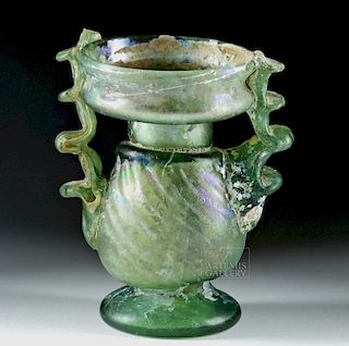 Roman Glass Footed Sprinkler Flask w/ Pinched Handles