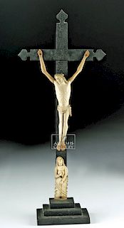 19th C. South American Bone Crucifix w/ Wood Cross