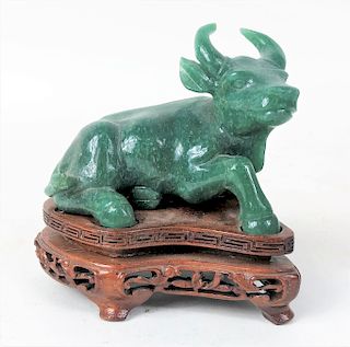Chinese Carved Resting Bull On Wooden Stand