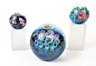 Three Josh Simpson Art Glass Planet Paperweights