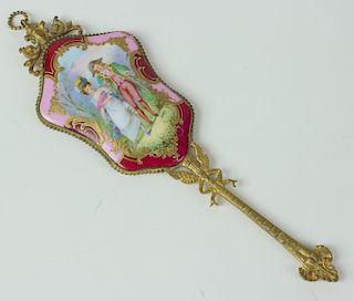 French Hand Painted Porcelain Inlaid Hand Mirror