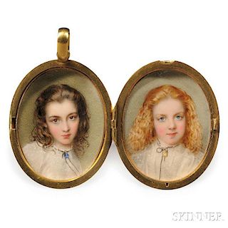 Attributed to Gerald Sinclair Hayward (English, 1845-1926)      Two Portrait Miniatures of Girls in a Locket Frame.