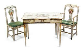 A Suite of Italian Neoclassical Painted Furniture, Height of table 30 x width 39 1/4 x depth 27 1/4 inches.