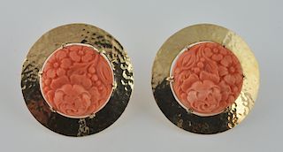 Vintage Carved Salmon Coral & Gold Earrings