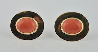 Vintage Salmon Coral & Gold Disc Clip Earrings