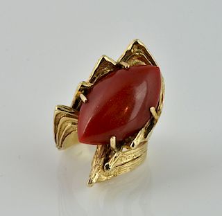 Contemporary Oxenblood Coral & 14kt. Gold Ring