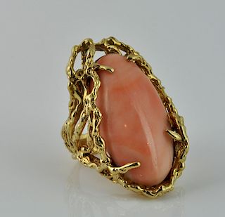 Large Salmon Coral & 18kt. Gold Free Form Ring