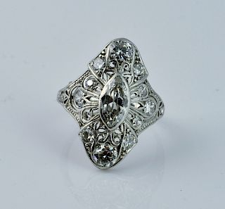 Art Deco Diamond & Platinum Filligree Navette Ring
