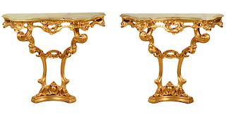 Pr. Carved Gilt Wood Consoles with Onyx Tops