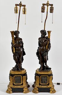 Pr. 19th C. Gilt & Bronze Figural Lamps