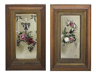 Two Reverse Painted and Etched Mirror Panels, 34 1/4 x 22 1/8 inches.
