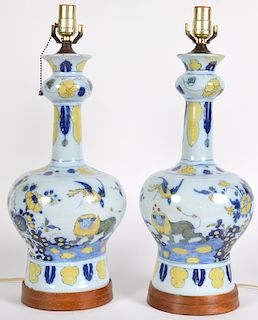 Pr. of French Faience Porcelain Table Lamps