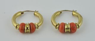 Pr. Etruscan Style Coral & Gold Hoop Earrings