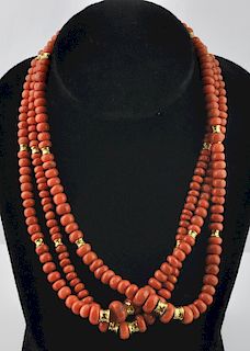 Triple Strand Natural Coral & Gold Bead Necklace