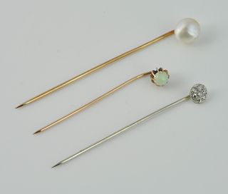 3 Stick Pins with Diamond, Opal & Pearl Tops